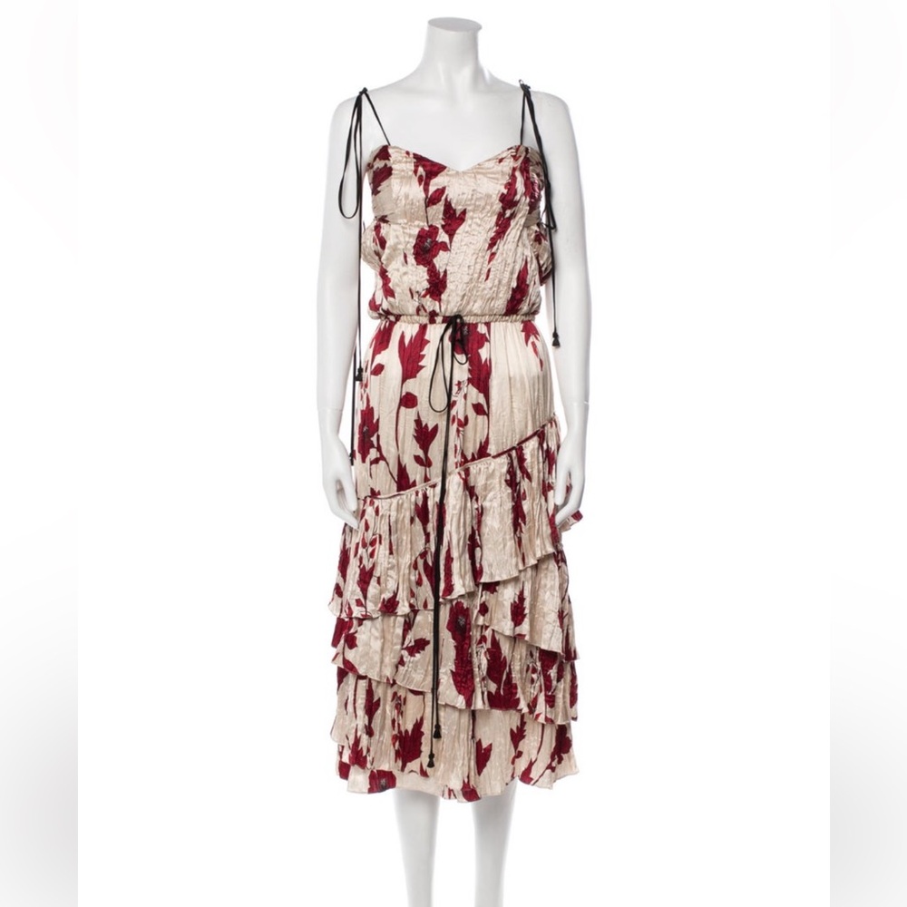 Johanna Ortiz Red and Cream Floral Midi Dress